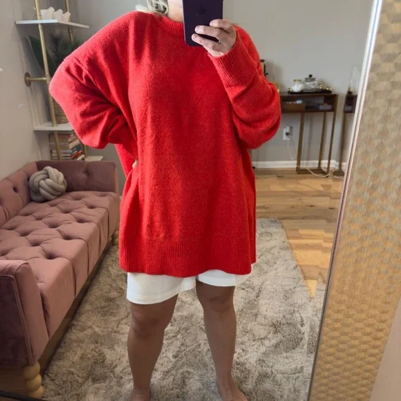 Aerie Oversized Sweater L Orange-Red Pullover Crew Neck Long Sleeve Knit - Picture 6 of 6
